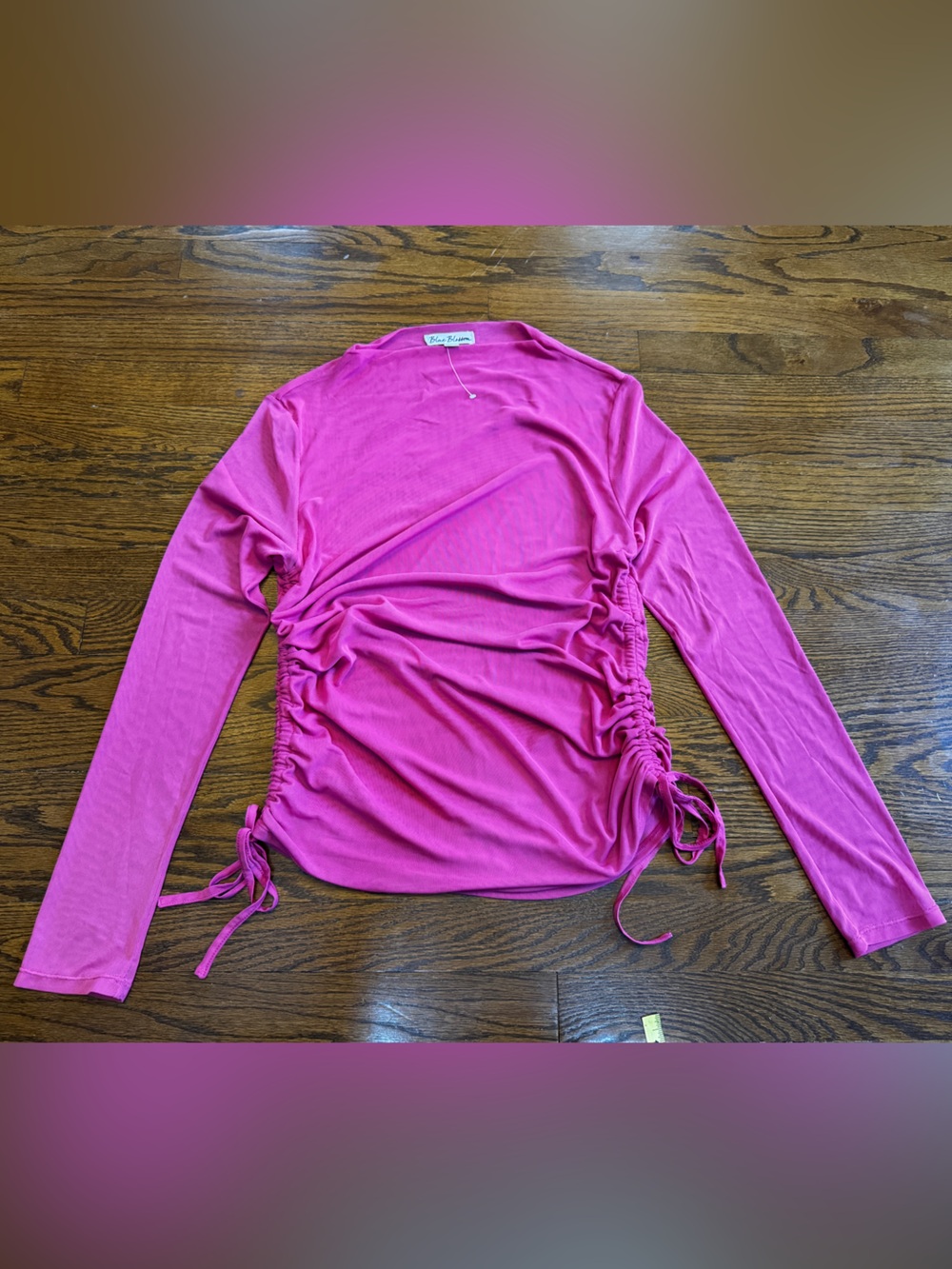 Blue Blossom Pink Mesh Sheer Stretch Cowl Neck Ruched Drawstring Top Women's L